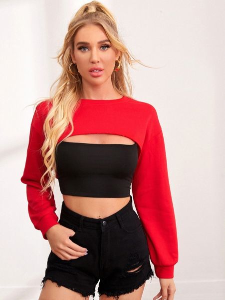 

drop shoulder super crop pullover without cami x77o#, White;black