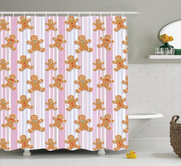 

shower curtains gingerbread man curtain kids with pastel colored striped backdrop cute bakery xmas goodies bathroom home decor