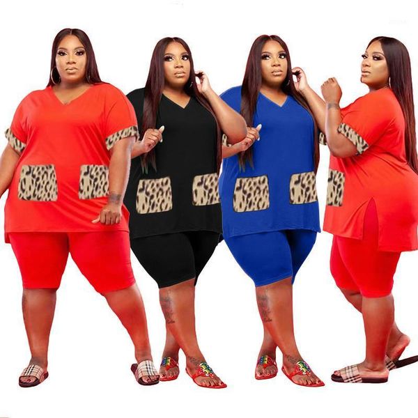 

plus size tracksuits clothing women shorts sets wholesale two piece set tshirt leopard pocket leggings elastic waist tracksuit drop, Black