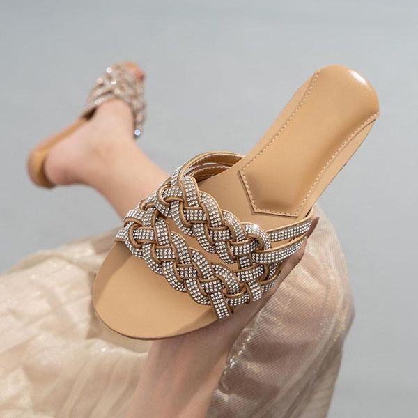 

slippers crytal for women 2021 woman weave flats ladies fashion sandalias female slides summer comfort women's shoes big size, Black