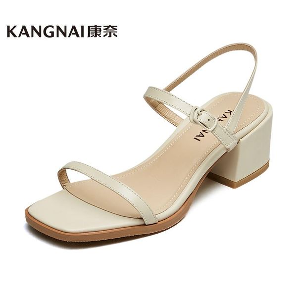 

women's sandals genuine leather buckle strap square toe summer ladies fashion high heels shoes, Black