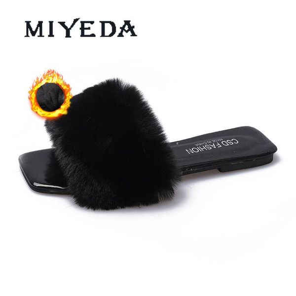 

fluffy slippers indoor women open-toed plush lazy plus size 35-42 flannel square toe all seasons, Black