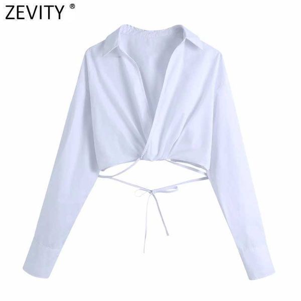 Zevidade Mulheres Moda Cross V Neck Hem Bow amarrado Branco Curto Smock Blusa Feminino Manga Longa Kimono Camisas Chic Blusas Tops LS9008 210603