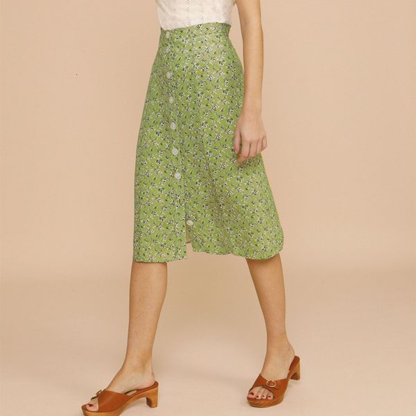 

skirts women high waist floral midi skirt 2021 spring summer single-breasted lace-up holiday long skirts, Black