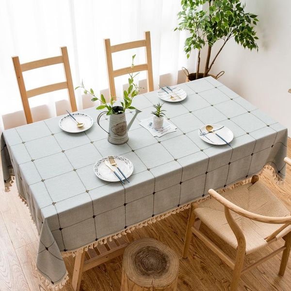

home dining table cloth restaurant grey checked print rectangular with tassel kitchen decorative linen green tablecloth