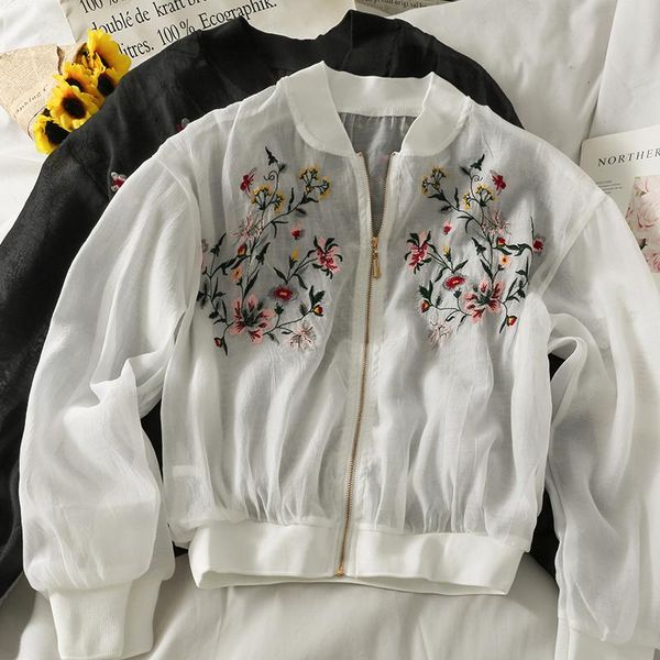 

women's jackets vintage floral embroidery design thin summer women zipper korean style loose streetwear female chic coats, Black;brown