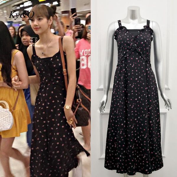 

casual dresses floral suspender dress women sleeveless high waist french retro open back beach long female 2021 summer fashion, Black;gray
