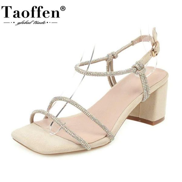

taoffen women sandals square high heels shoes bling flock thick heel fashion buckle banquet work lady size 34-48, Black