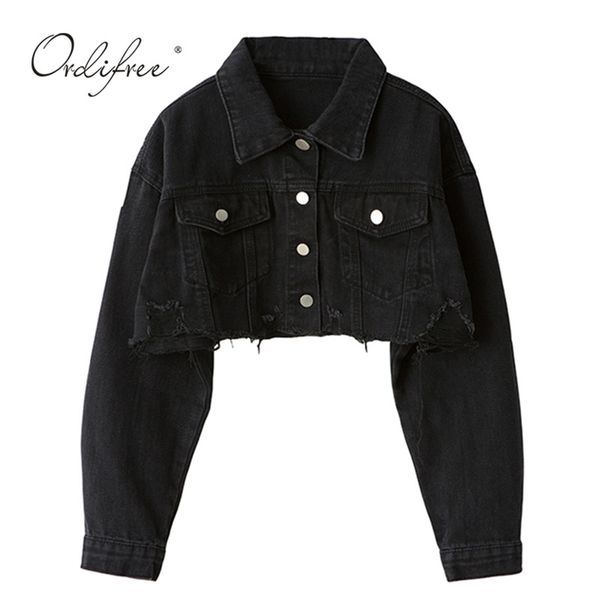 

ordiautumn women denim jacket long sleeve fashion streetwear casual loose outwear short ripped jeans jacket coat 210722, Black;brown