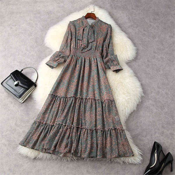 

elegant female spring designers full bow floral collar chiffon print dress midi holiday dresses, Black;gray