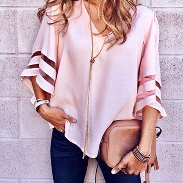 

women's t-shirt mesh v-neck flare sleeve tshirt white patchwork three quarter loose t-shirts solid ol high street summe cloth