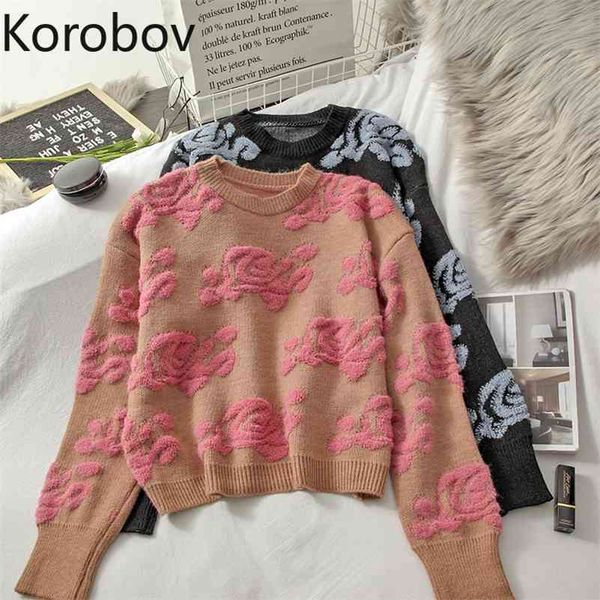 

korobov vintage hit color patchwork knit pullovers korean long sleeve office lady flower sweater autumn winter sueter mujer 210430, White;black