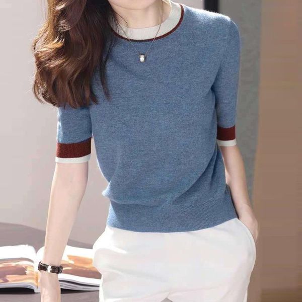 

women's sweaters round neck contrast color slim-fit cashmere sweater spring and summer ladies temperament loose thin knit top, White;black