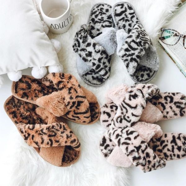 

women house fur slippers indoor leopard fluffy furry shoes ladies cross strap flat heel comfort non slip fashion whosale, Black