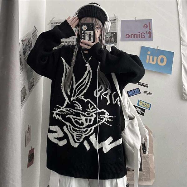 

women's sweaters autumn and winter harajuku style sweater jacquard casual college loose retro thick men's knitted, White;black