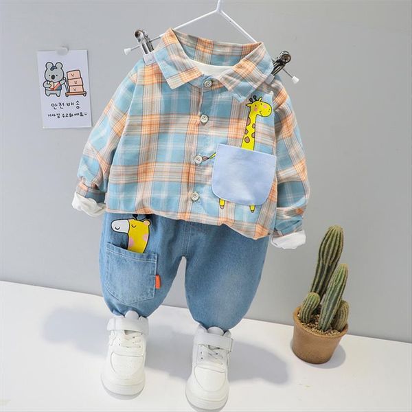 

spring autumn baby boys clothing sets cartoon giraffe plaid shirt jeans toddler infant children kids casual clothes, White