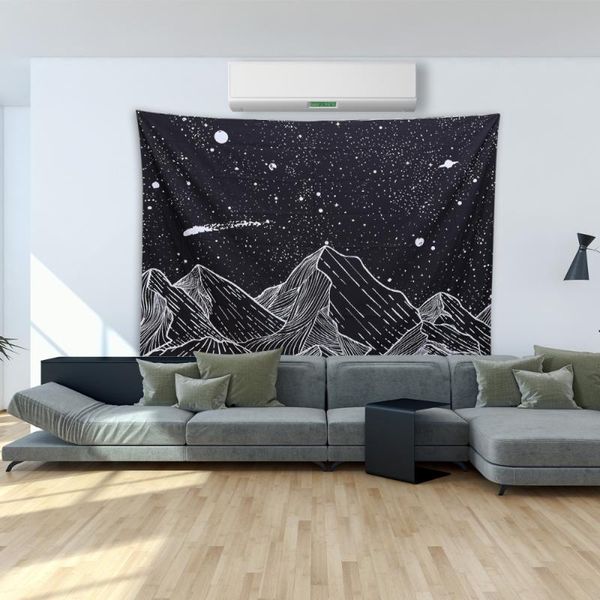 

black and white tapestry mountain moon background cloth wall hanging decoration for home (pattern 4) shower curtains