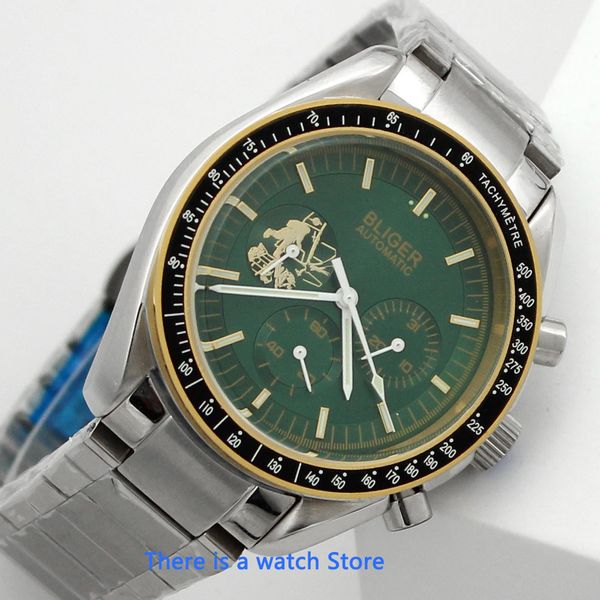 

bliger 40mm green dial automatic mechanical man clock saffier glass lighting bright waterproof date indicator men, Slivery;brown