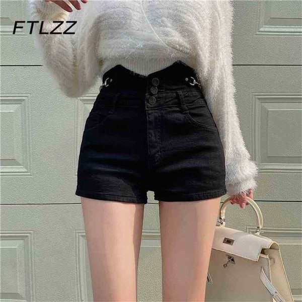 

korean chic denim shorts women slim skinny high waist jeans short pants woman streetwear button fly black 210525, Blue