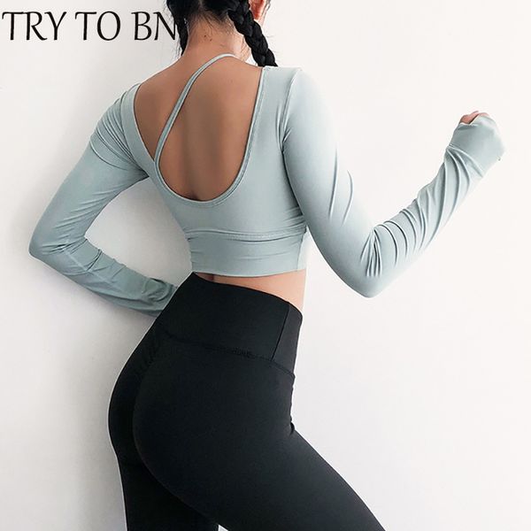 

women's t-shirt try to bn female high elasticity quick drying crop breathable open back o-neck camisas mujer slim fit wm0c, White