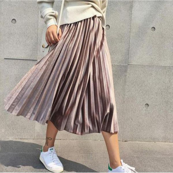 

fashion autumn winter velvet midi womens skirt black grey pleated elastic high waist skirts jupe streetwear