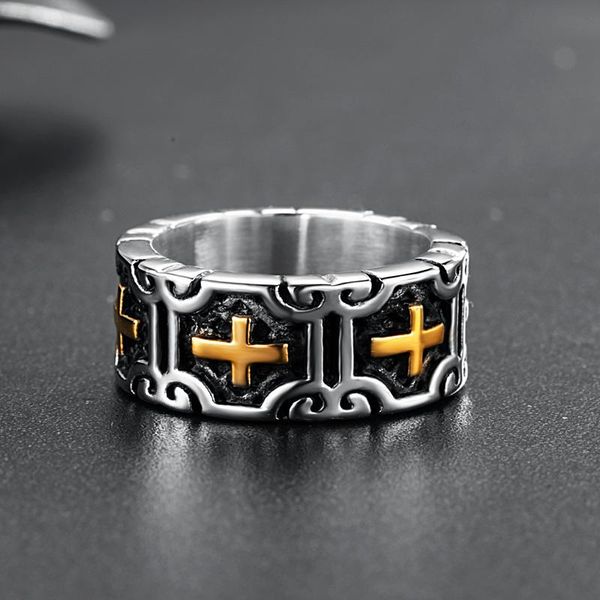 

cluster rings valily classic retro christian jesus cross ring stainless steel believers punk rock men's round band jewelry, Golden;silver