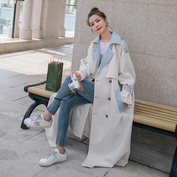 

women's wool & blends windbreaker contrasting color stitching long spring autumn korean big size trench coat female wear a belt ladies, Black