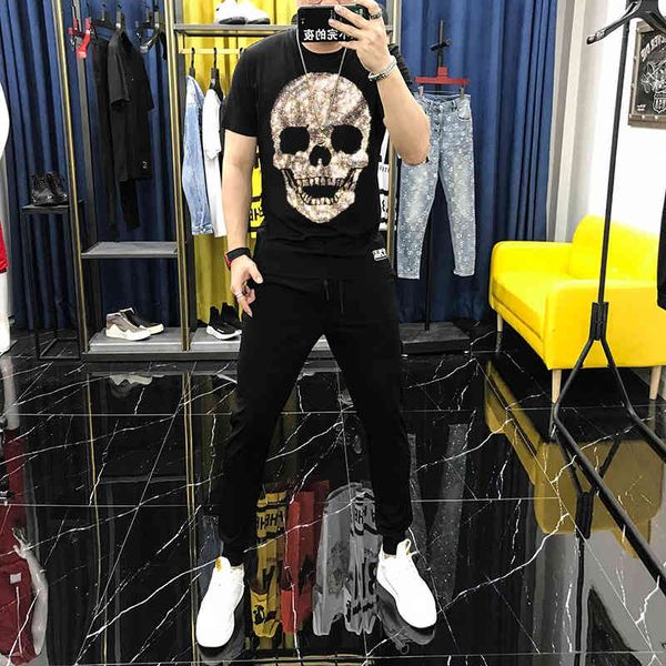 

men's tracksuits set of short sleeves shiny hip hop standard male skull superior track quality and suit field scoring strass shirt 45dw, Gray
