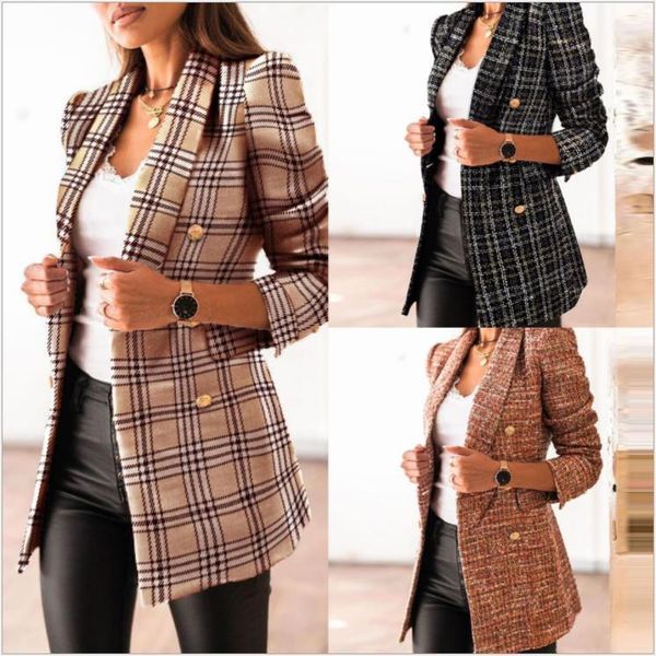 

women's wool & blends 2021 stand-alone style autumn and winter long-sleeved double-breasted suit collar printed small coat clothing, Black
