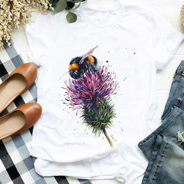 

women lady floral watercolor bee fashion casual 90s print t tee womens tshirt for female shirt clothes graphic t-shirt x0527, White