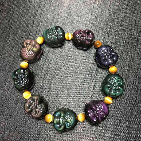 

bracelet natural mexican rainbow eye obsidian smile buddha maitreya lady crystal, Golden;silver