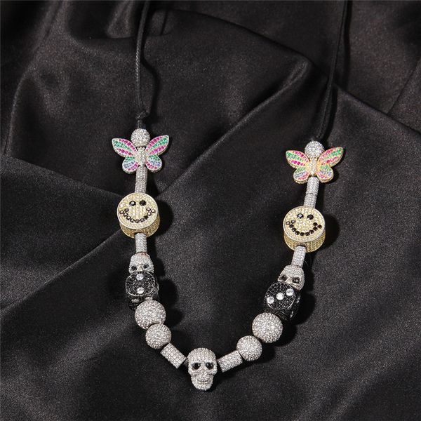 

iced out zircon smiling face skull dice cz hip hop necklace chain for men women bling jewelry gift, Silver