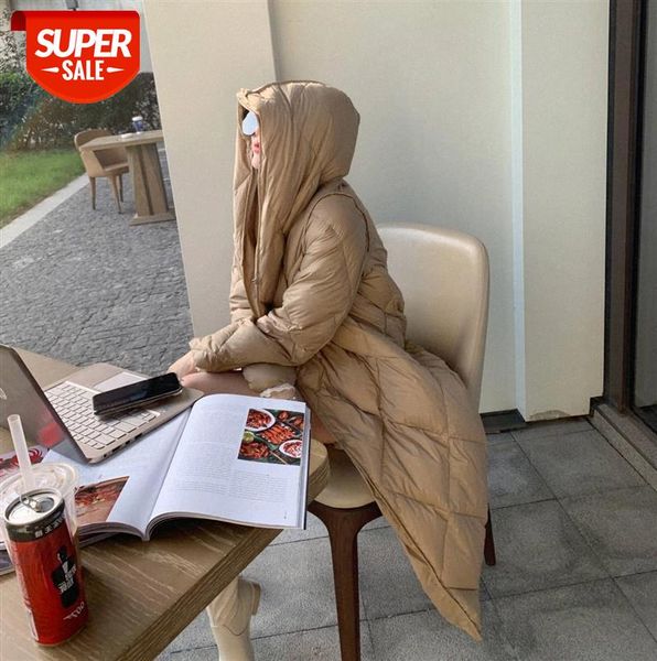 

designed by ji jane~90 white duck down hooded jacket~slim, lightweight, warm, knee-length long coat #pi52, Black