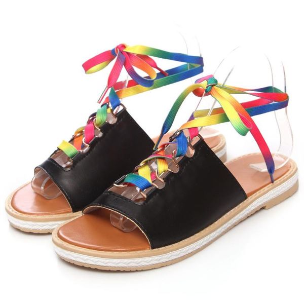 

sandals woman shoes summer cross bandage flats lace-up ankle strap mujer women's beach roman sandalias 2021 #3, Black