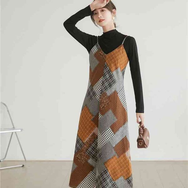 

casual dresses autumn plaid long slip women spaghetti strap v neck backless a line ladies midi korean fashion clothes 0p91, Black;gray