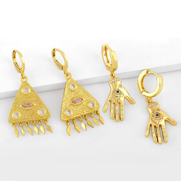

hoop & huggie flola gold plated copper cz blue eyes hamsa fatima hand earrings crystal triangle women jewelry ersx19, Golden;silver