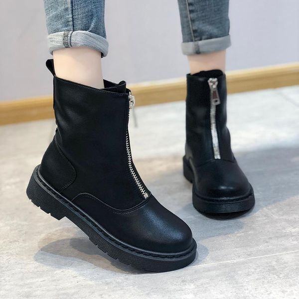 

boots black ankle women shoes motorcycle platform front zipper winter short booties zapatos de mujer
