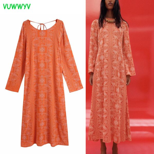 VUWWYV Sommerkleid Mode Orange Print Lange Kleider für Frauen Volle Hülse Zurück Offen Abend Party Vestidos Krawatte 210430