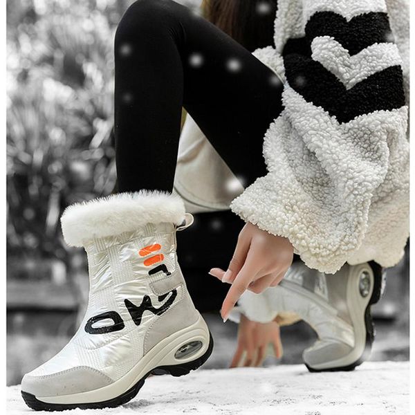 

boots winter women leather warm fur wedge snow outdoor casual ladies cotton shoes slip-on light thick fashion, Black