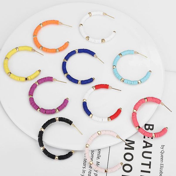 

hoop & huggie bohemian fashion polymer clay soft pottery heishi disc beads large c shape opening round earrings for women beach ear jewelry, Golden;silver