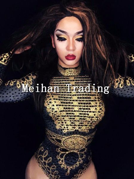 

fashion glisten black gold crystals bodysuit women's long sleeves outfit dance stage show nightclub costume jumpsuits & rompers, Black;white