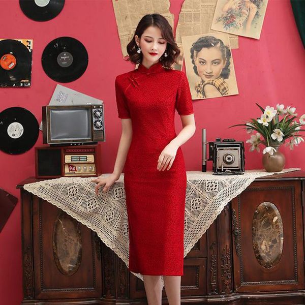 

ethnic clothing flower lace vintage button cheongsam mandarin collar qipao bride wedding party dress gown women red chinese slim vestid