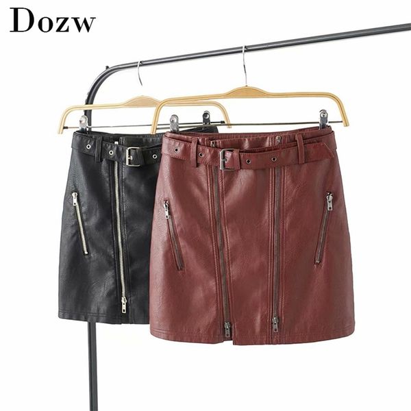 

high waist with belt faux leather skirt women pu solid mini skirts streetwear female front zipper short a-line 210515, Black