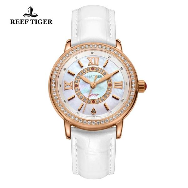 

wristwatches reef tiger/rt fashion elegant watches for women ronda 763 quartz watch with diamonds bezel mop dial calfskin leather strap, Slivery;brown