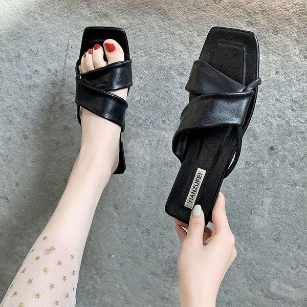 

slippers 2021 microfiber hoof high heel concise sandals open toe summer female shoes fashion slingback women pumps size 35-39, Black