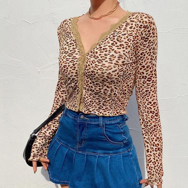 

women's t-shirt dropshopping lace leopard print long sleeve women v neck buttons cropped t shirt ladies casual fashion tee streetwe, White