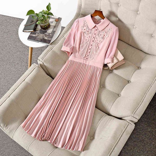 

casual dresses summer short sleeve peter pan neck pink / blue ivory pure embroidery pleated single-breasted dress elegant nj29205196 hb15, Black;gray