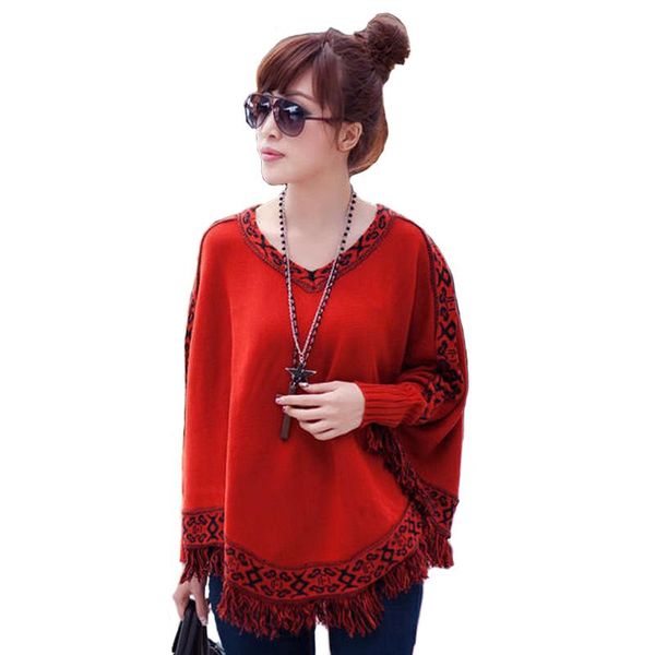 

women's sweaters knit tassel cloak women 2021 spring autumn printed long sleeves sweater fashion female large size bat sleeve shawl, White;black