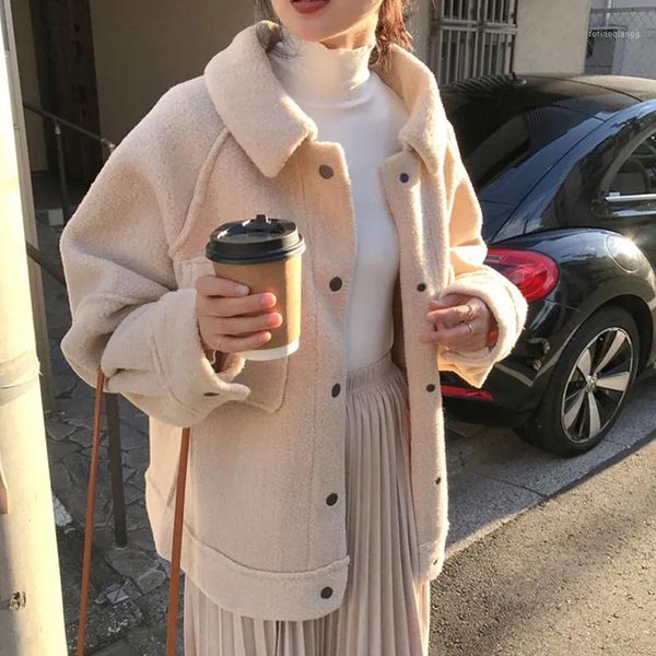 

women's jackets 2021 autumn winter faux sheepskin coat fashion solid color single-breasted jacket women basic warm oversized baseball c, Black;brown