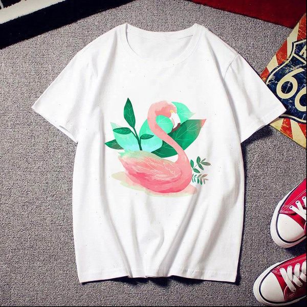 

flamingo women t shirts lady shirt female harajuku print casual fashion o collar white retro summer top